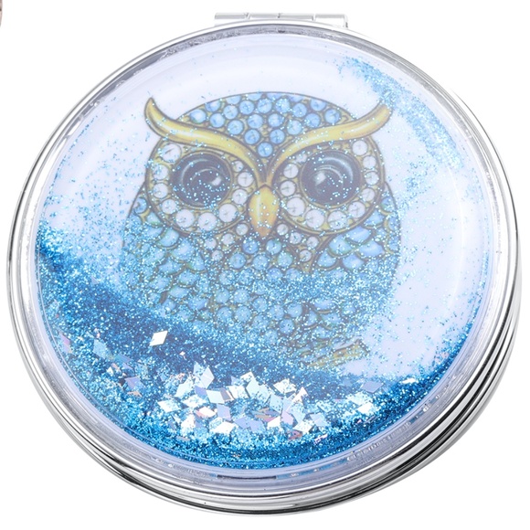 Blue Owl w Glitter Waterfall  Compact  Double Sided Magnified  Mirror New - Picture 1 of 3